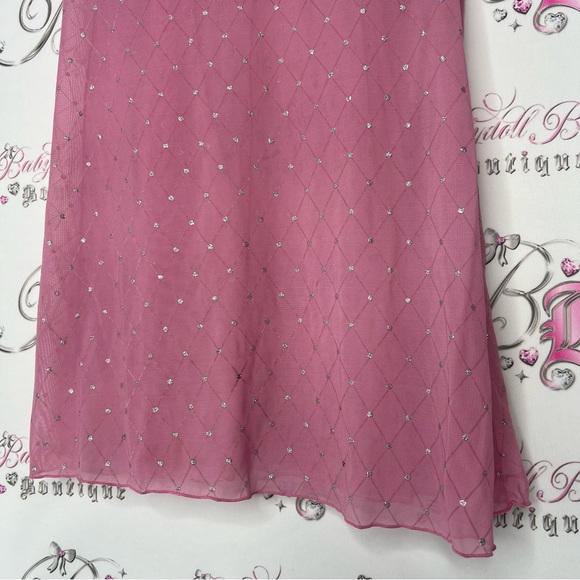 Babydoll sparkly dress pink silver polkadot ribbon bow tie stretchy mesh y2k - Picture 4 of 9